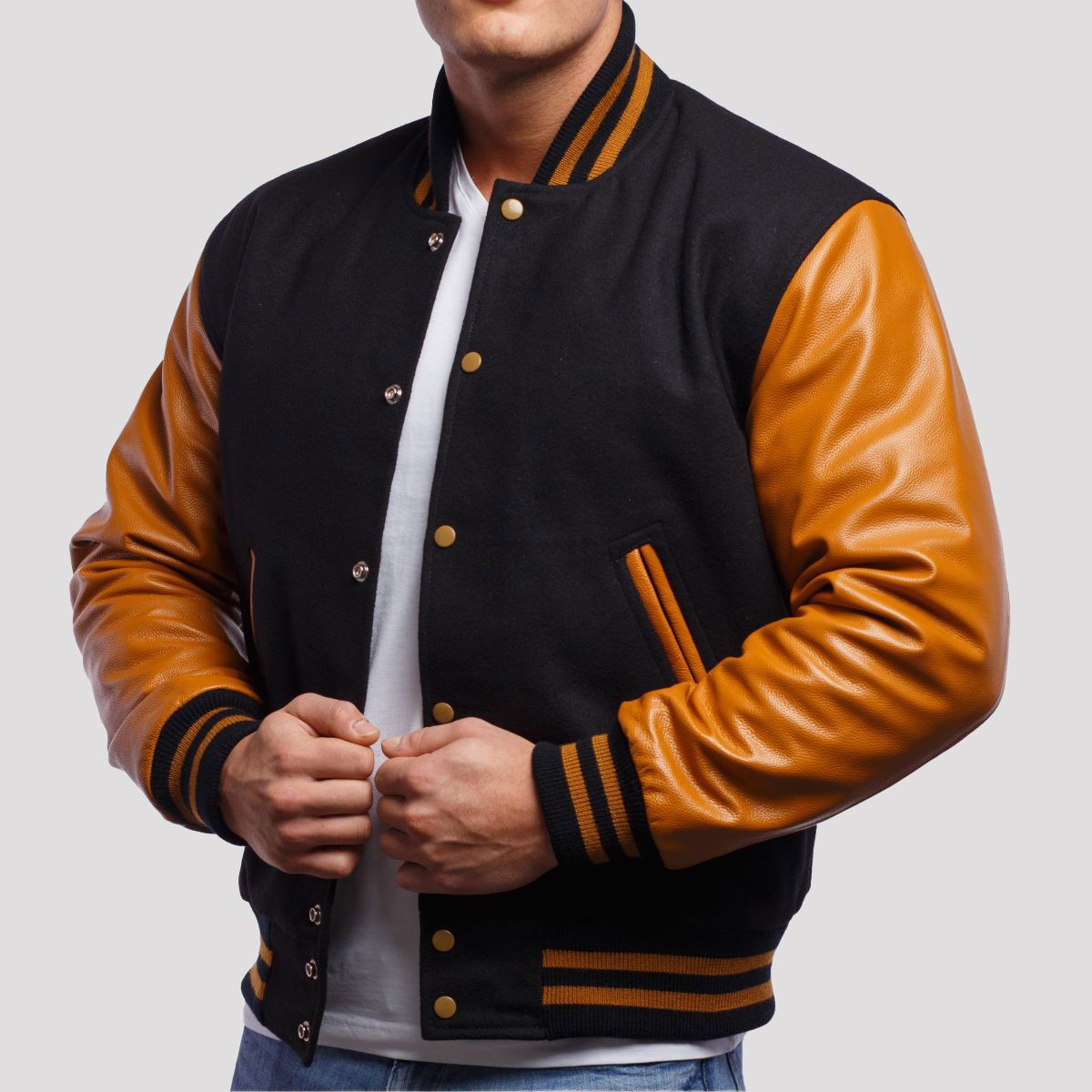 "Sebastian Black Wool Body & Old Gold Leather Sleeves Varsity Jacket – Customizable for Schools, Clubs & Brands"