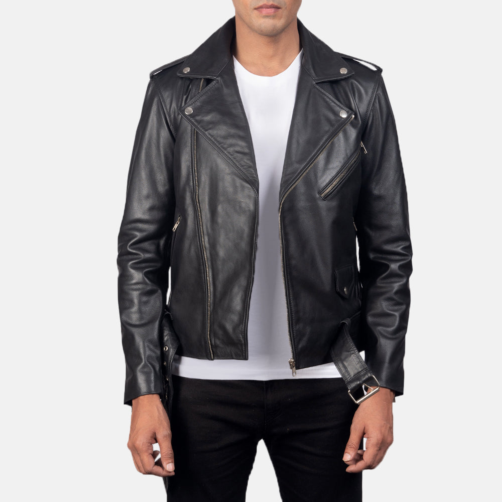 "Elijah Black Leather Biker Jacket – Premium Cowhide with Classic Biker Details"