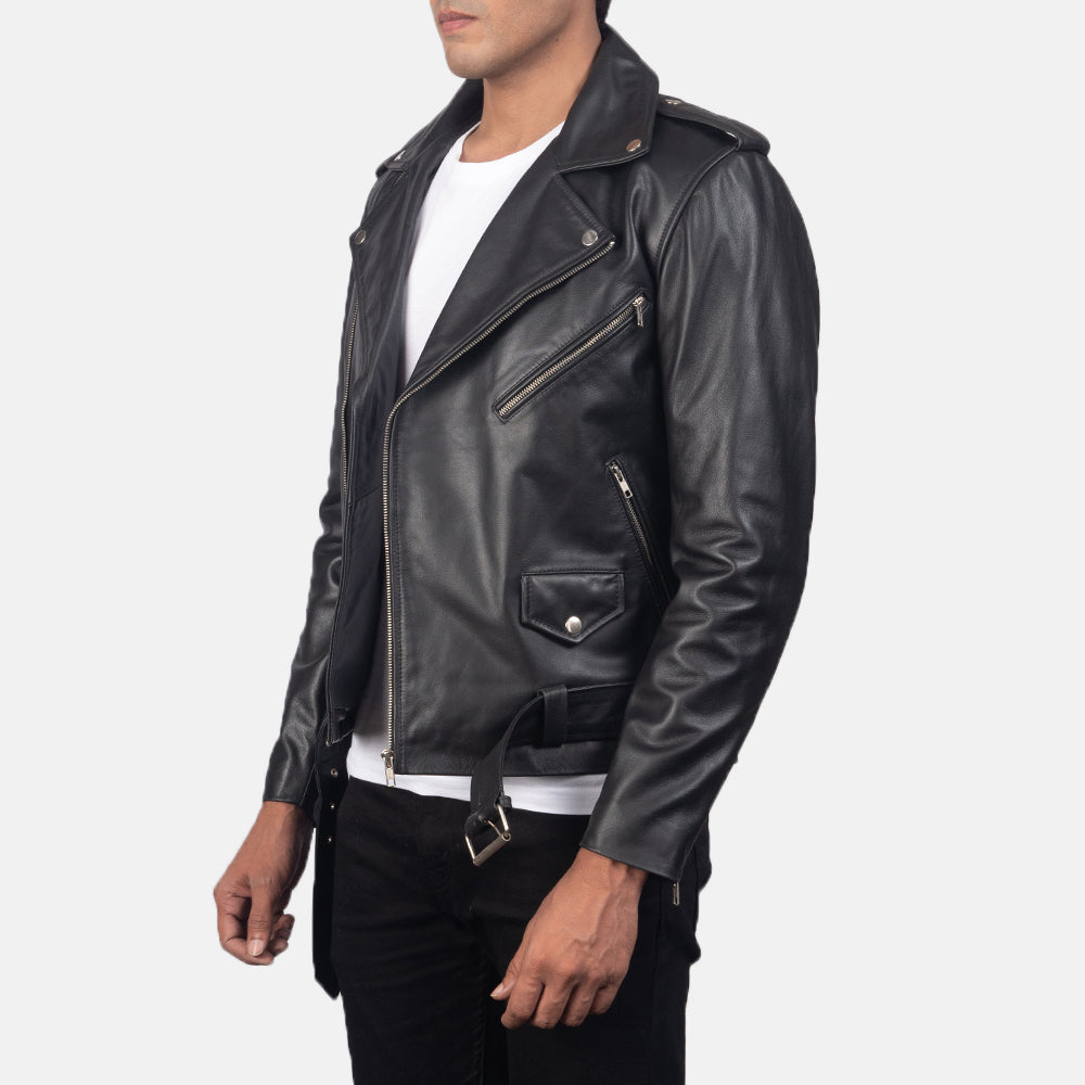 "Elijah Black Leather Biker Jacket – Premium Cowhide with Classic Biker Details"