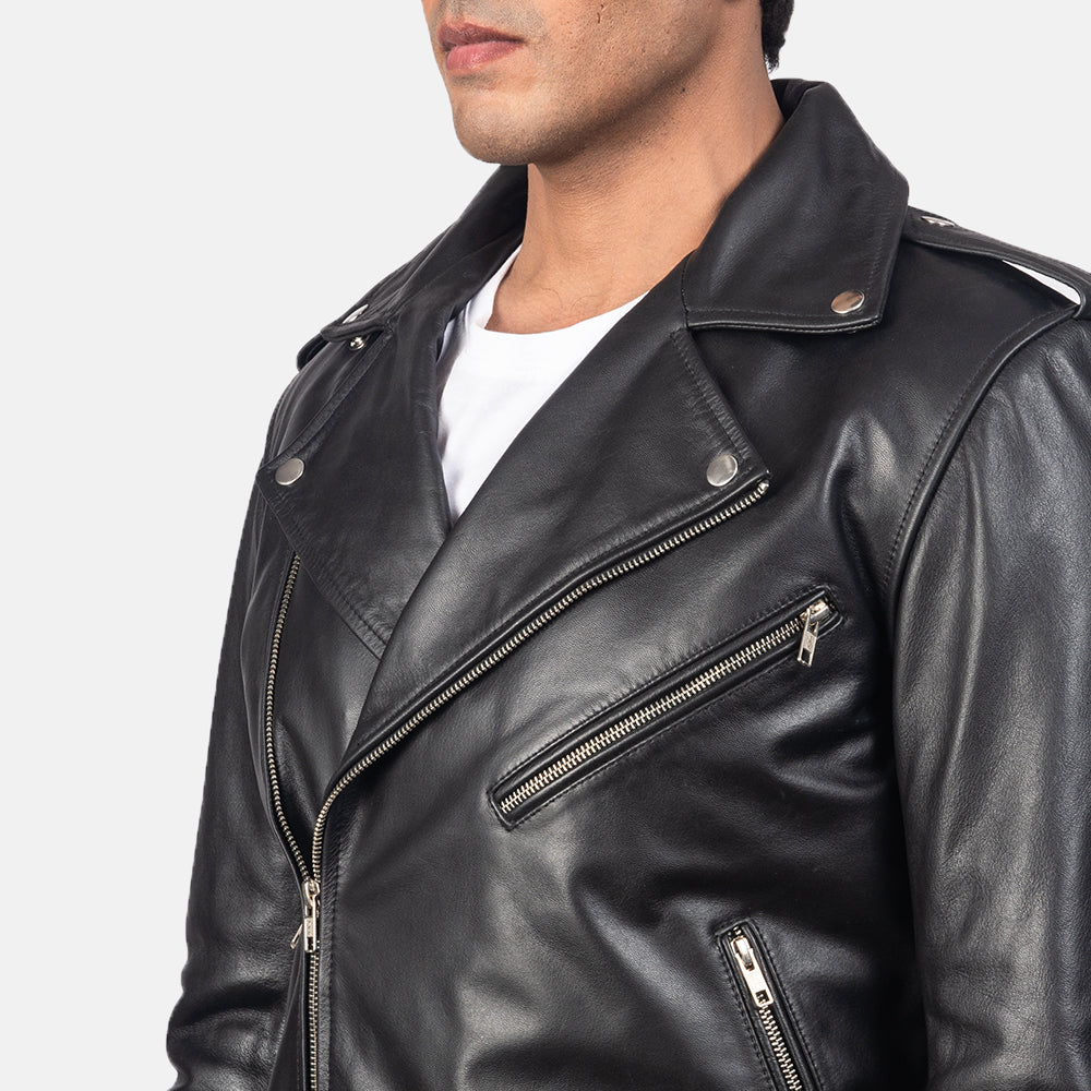 "Elijah Black Leather Biker Jacket – Premium Cowhide with Classic Biker Details"