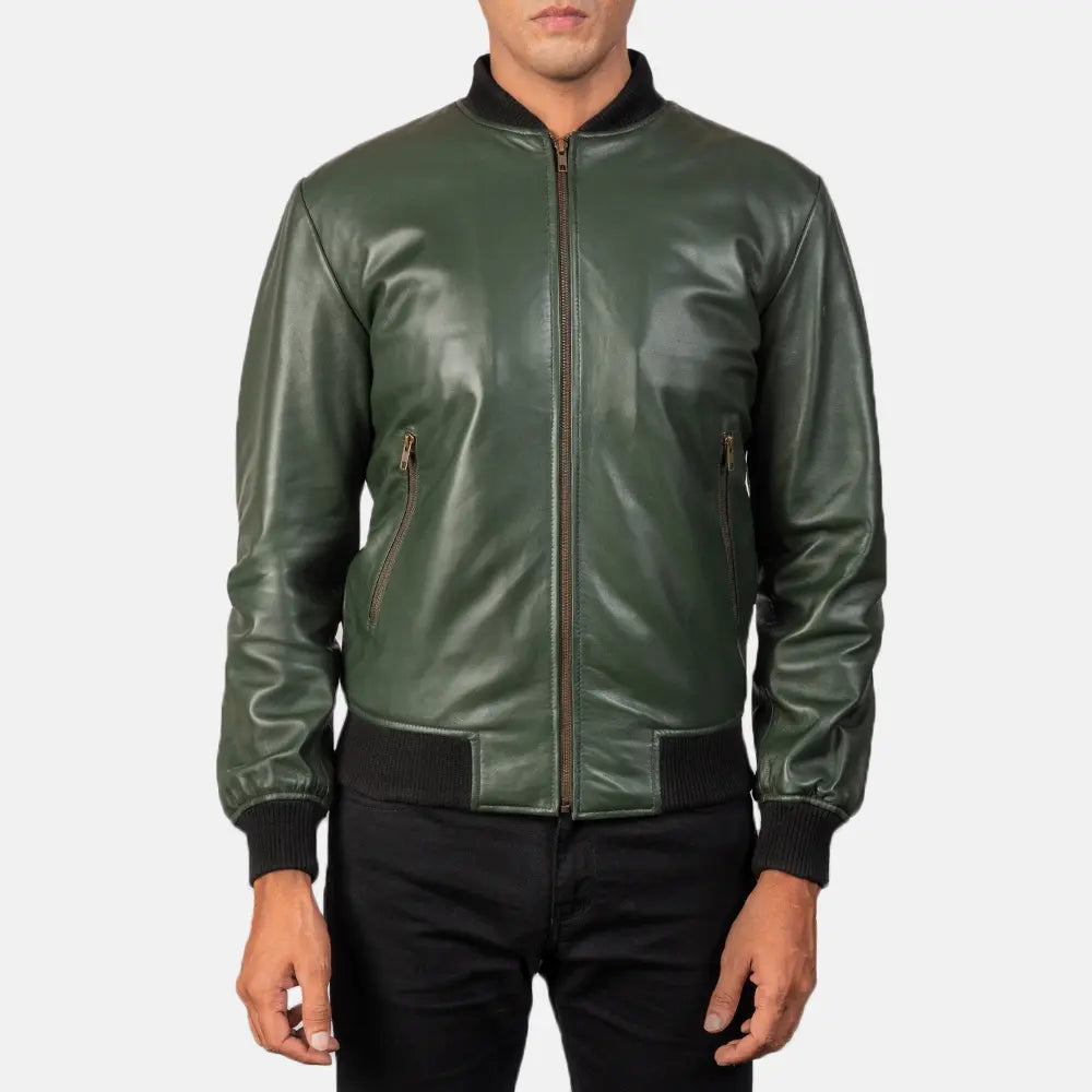 "Jack Green Leather Bomber Jacket – Semi-Aniline Sheepskin with Varsity Collar"