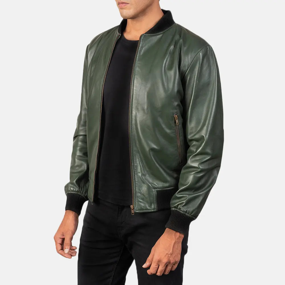 "Jack Green Leather Bomber Jacket – Semi-Aniline Sheepskin with Varsity Collar"