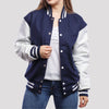 Evelyn Royal Blue Wool Body & White Leather Sleeves Varsity Jacket