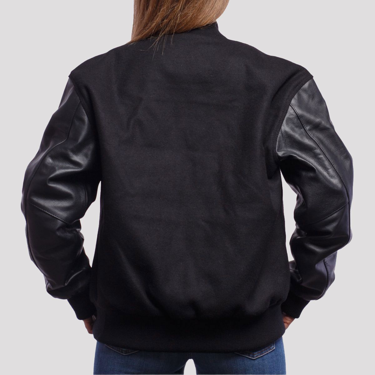 Charlotte Black Wool Body & Black Leather Sleeves Varsity Jacket