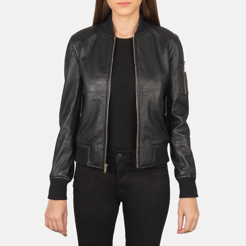 Mia Black Leather Bomber Jacket