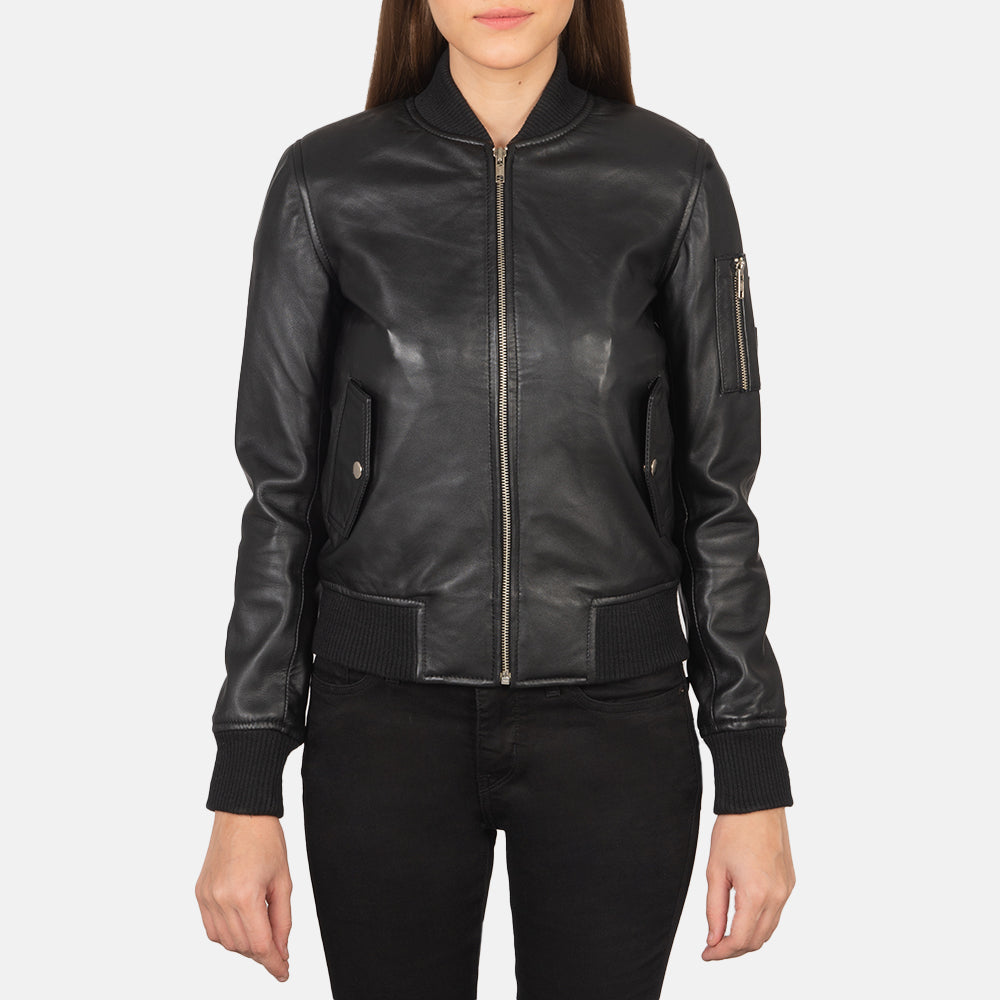 Mia Black Leather Bomber Jacket