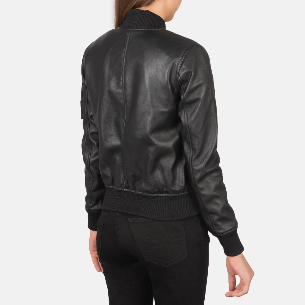 Mia Black Leather Bomber Jacket