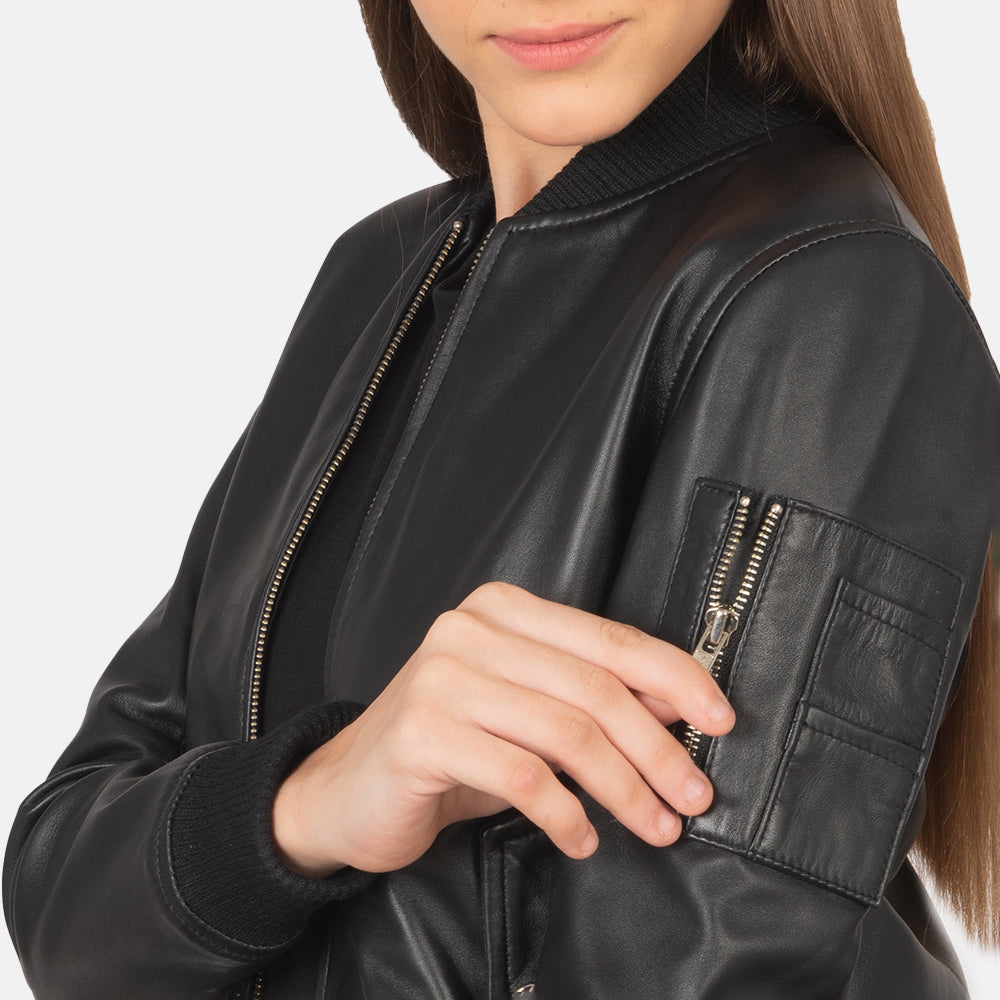 Mia Black Leather Bomber Jacket