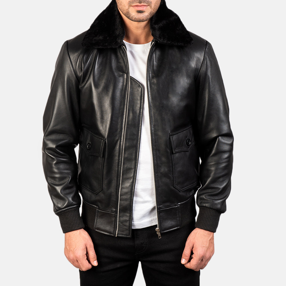 "Owen Black Leather Bomber Jacket with Removable Fur Collar – Semi-Aniline Sheepskin"