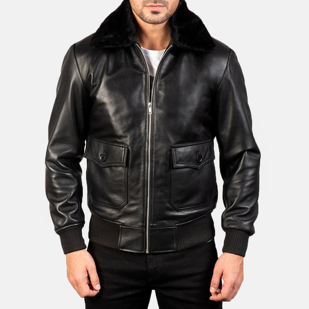 "Owen Black Leather Bomber Jacket with Removable Fur Collar – Semi-Aniline Sheepskin"