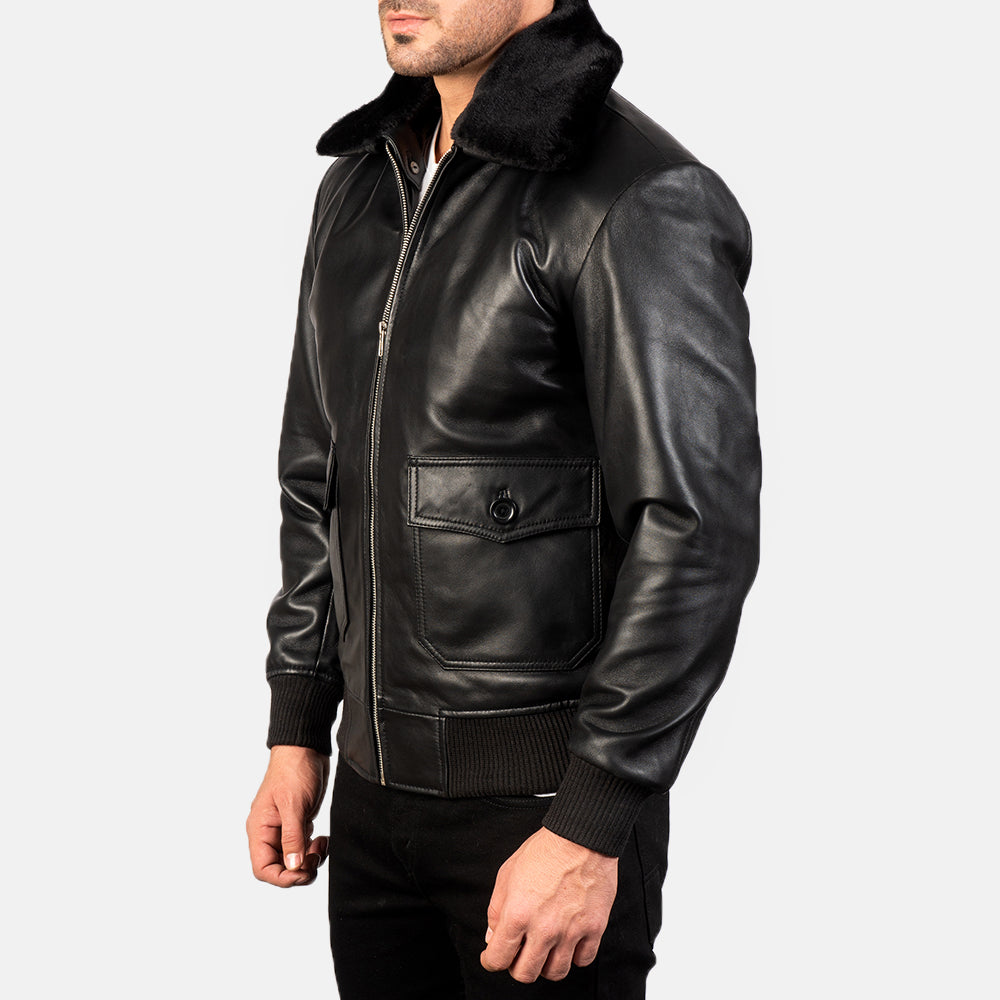 "Owen Black Leather Bomber Jacket with Removable Fur Collar – Semi-Aniline Sheepskin"