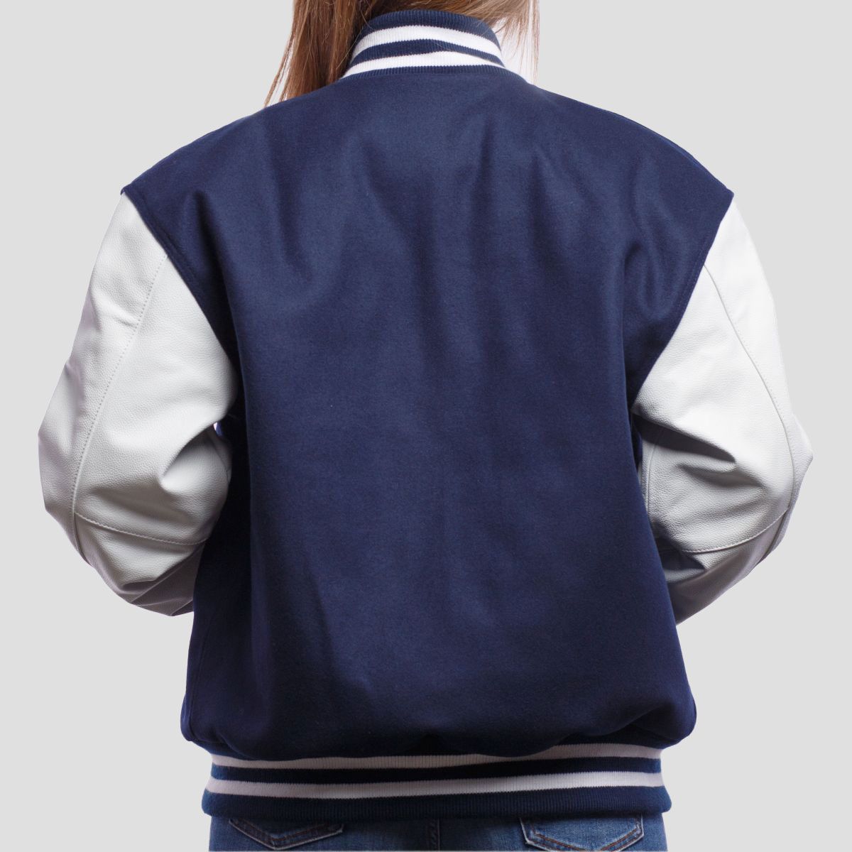 Evelyn Royal Blue Wool Body & White Leather Sleeves Varsity Jacket