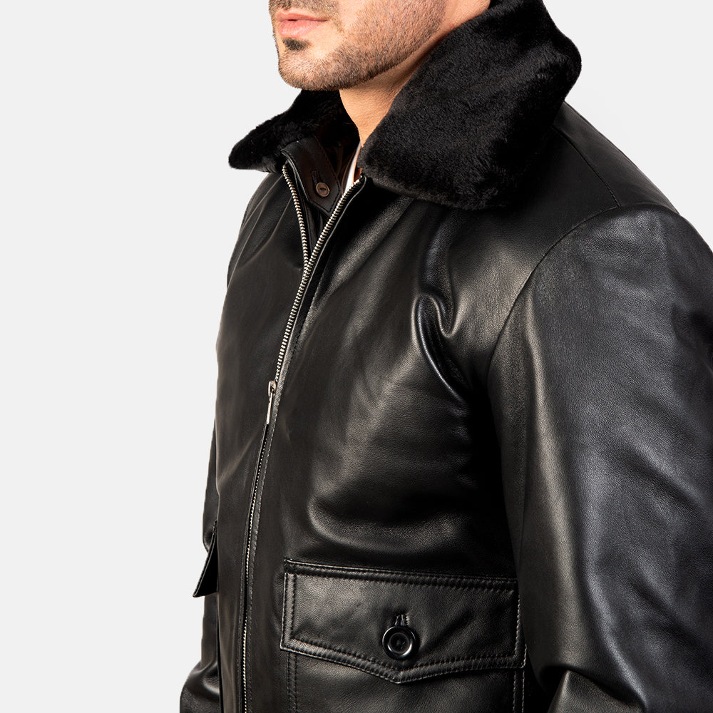 "Owen Black Leather Bomber Jacket with Removable Fur Collar – Semi-Aniline Sheepskin"