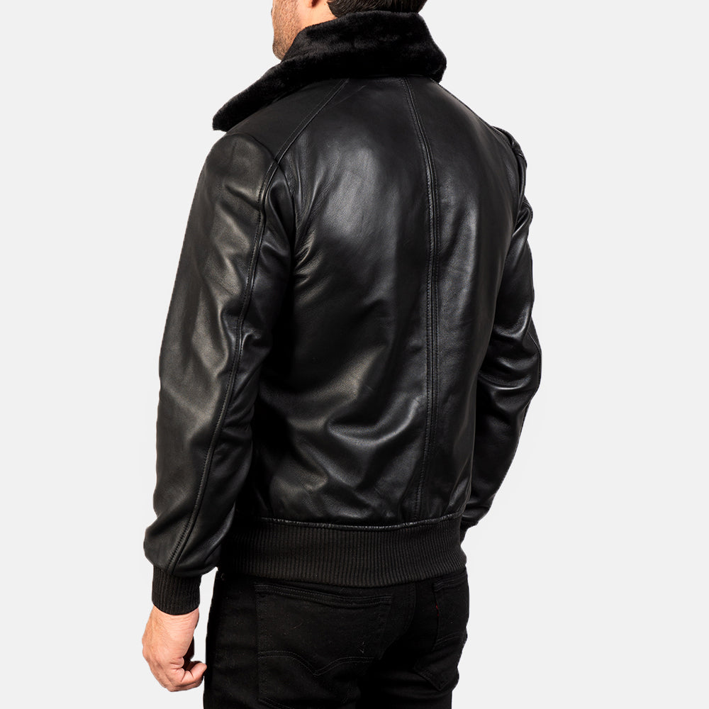 "Owen Black Leather Bomber Jacket with Removable Fur Collar – Semi-Aniline Sheepskin"