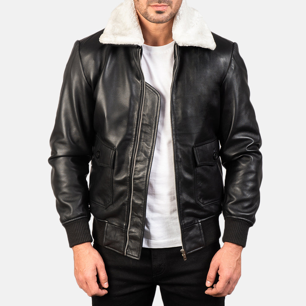 "Owen Black Leather Bomber Jacket with Removable Fur Collar – Semi-Aniline Sheepskin"