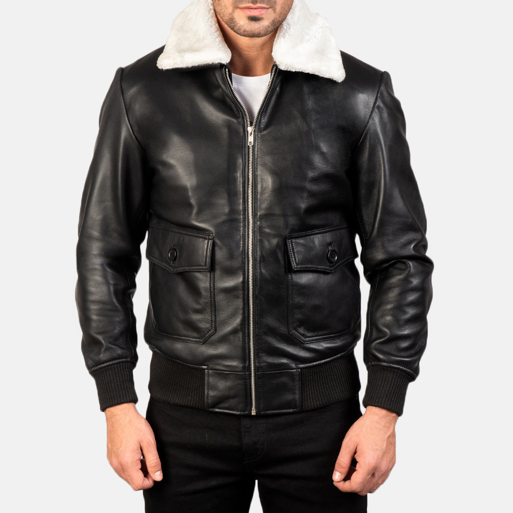 "Owen Black Leather Bomber Jacket with Removable Fur Collar – Semi-Aniline Sheepskin"