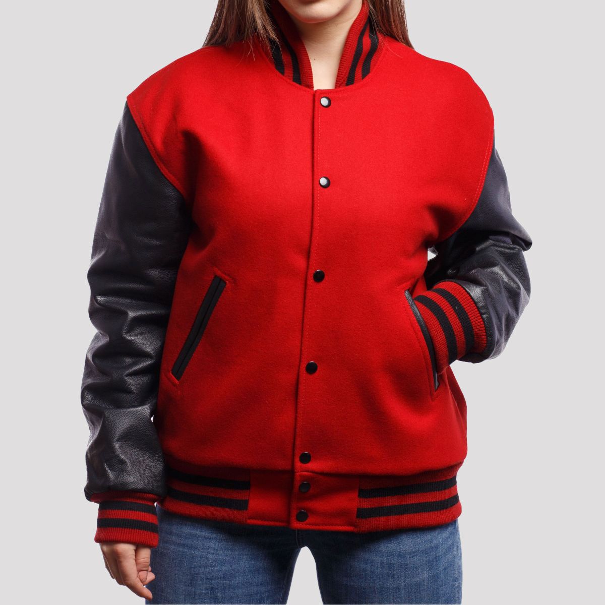 Harper Scarlet Wool Body & Black Leather Sleeves Varsity Jacket