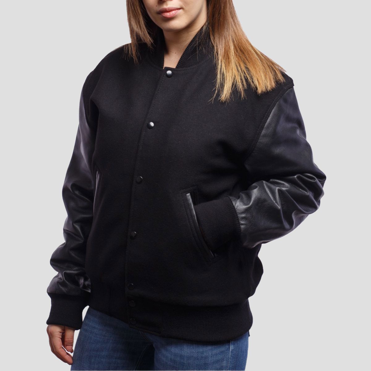 Charlotte Black Wool Body & Black Leather Sleeves Varsity Jacket