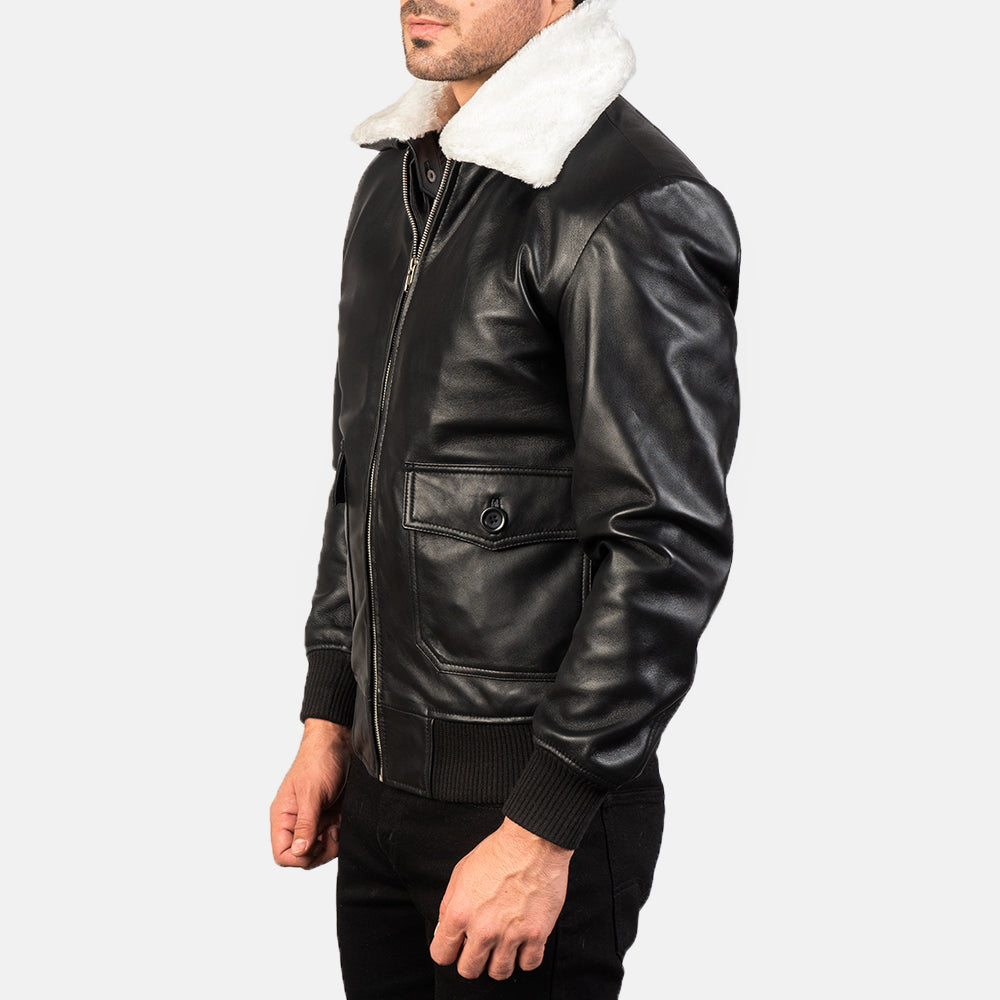 "Owen Black Leather Bomber Jacket with Removable Fur Collar – Semi-Aniline Sheepskin"