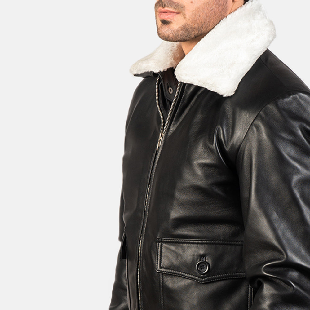 "Owen Black Leather Bomber Jacket with Removable Fur Collar – Semi-Aniline Sheepskin"