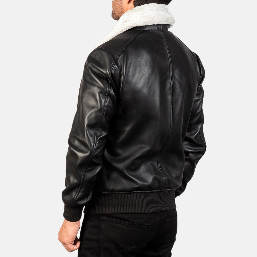 "Owen Black Leather Bomber Jacket with Removable Fur Collar – Semi-Aniline Sheepskin"