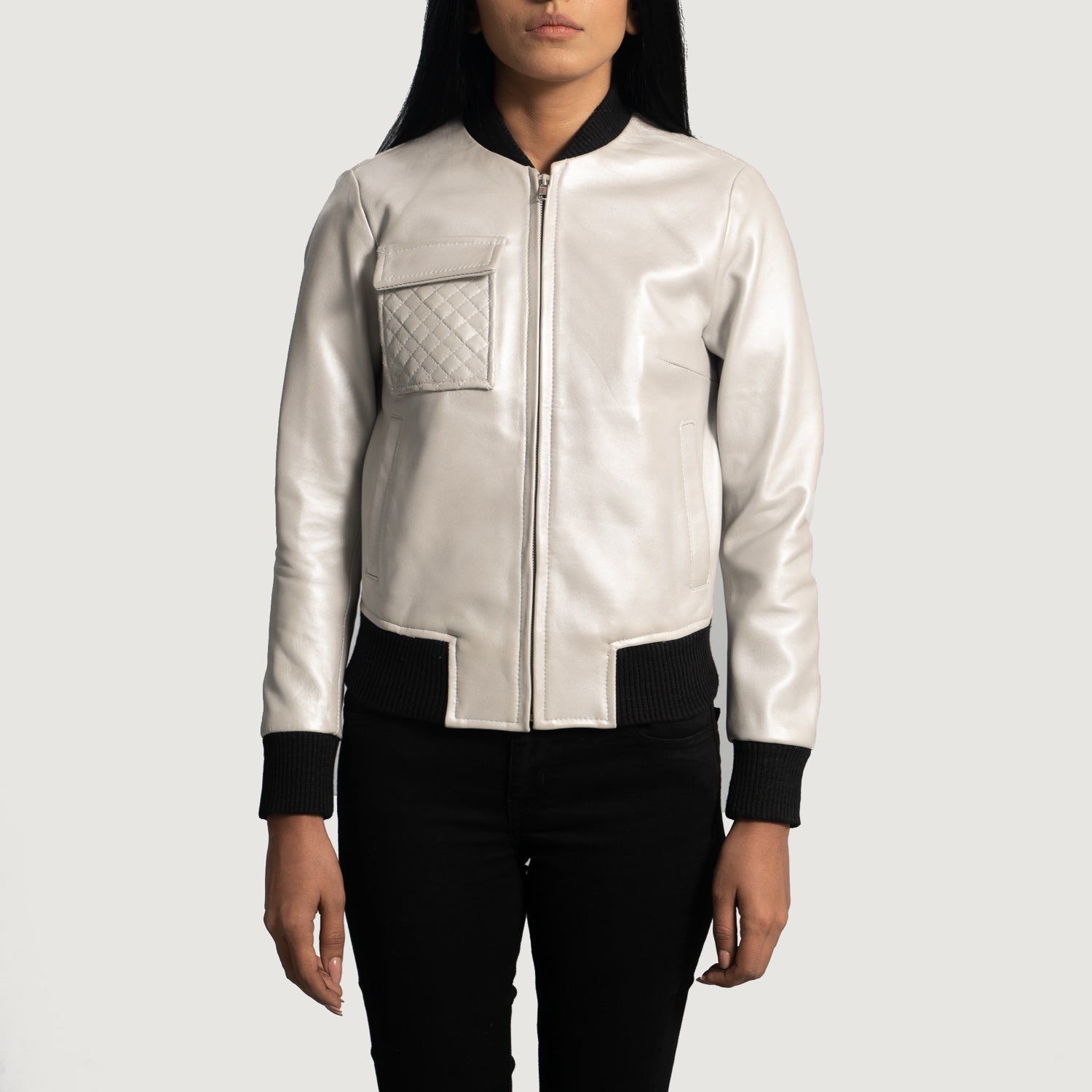 Ava Silver Leather Bomber Jacket