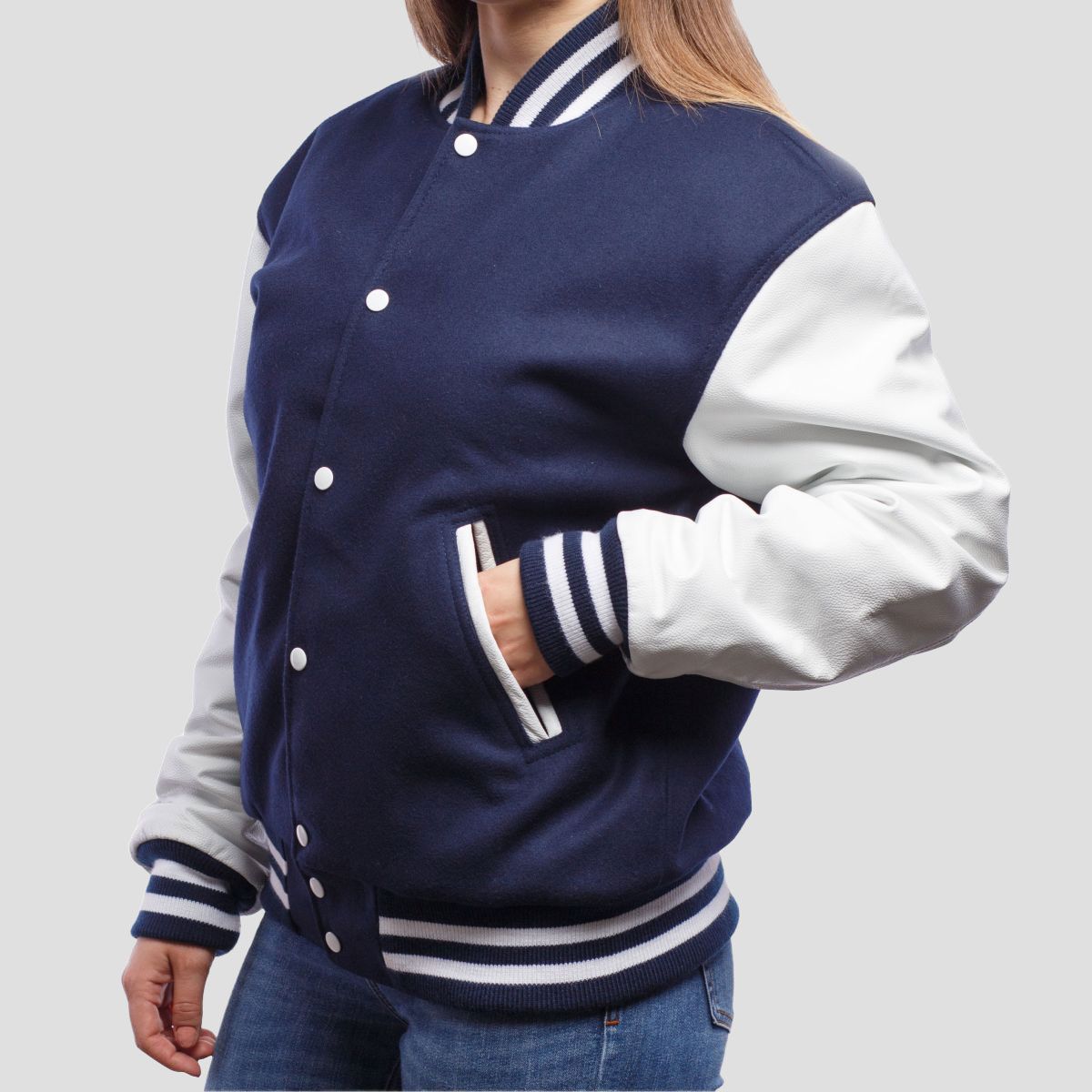 Evelyn Royal Blue Wool Body & White Leather Sleeves Varsity Jacket