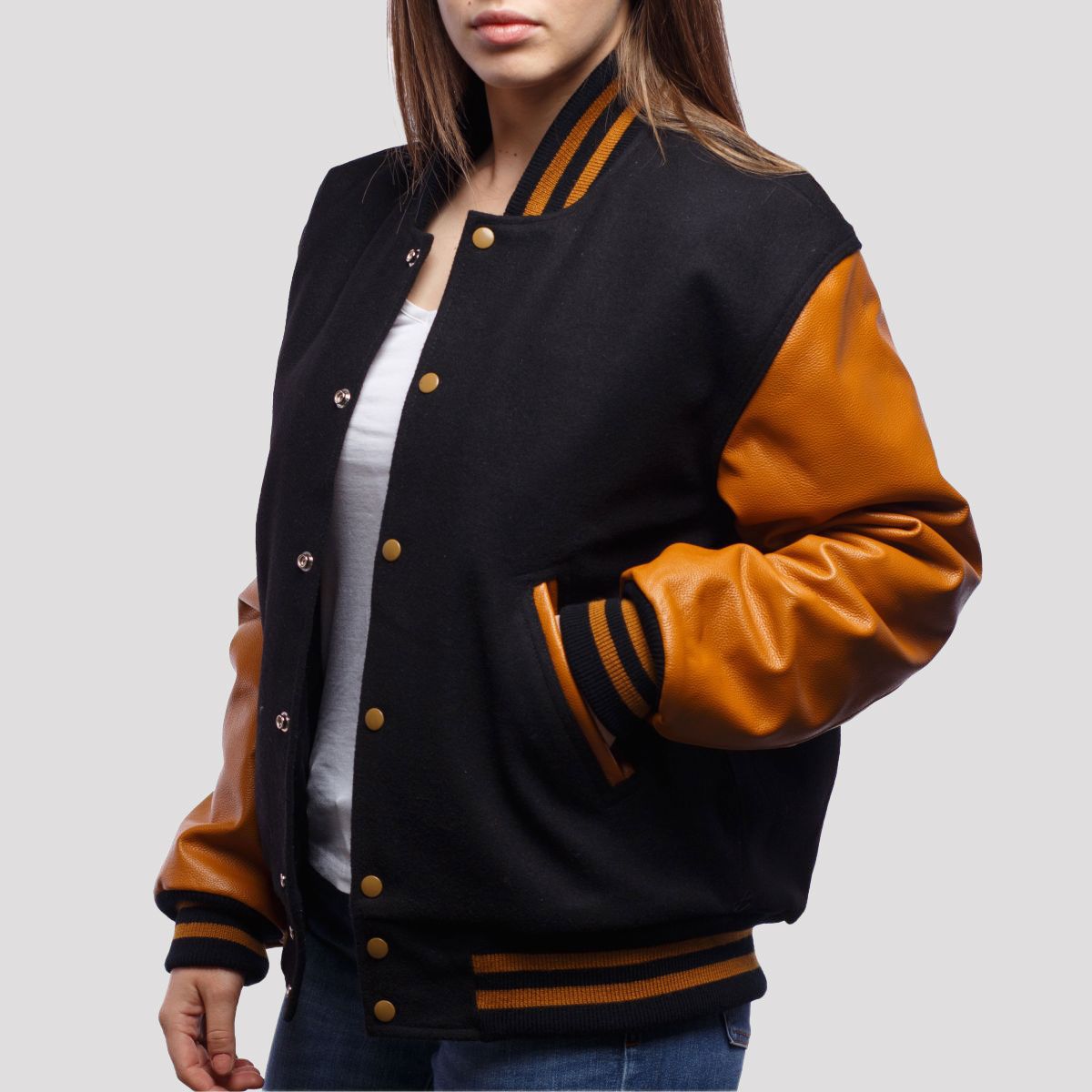 Isabella Black Wool Body & Old Gold Leather Sleeves Varsity Jacket