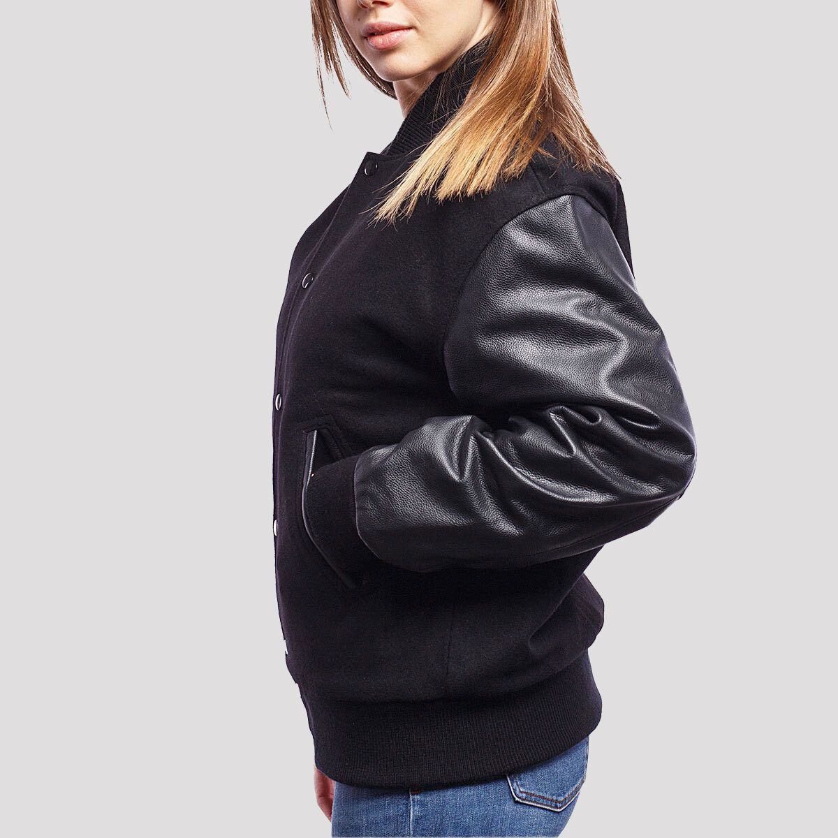 Charlotte Black Wool Body & Black Leather Sleeves Varsity Jacket