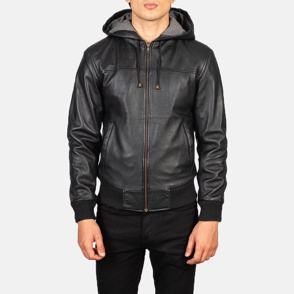 "Lucas Black Hooded Leather Bomber Jacket – Semi-Aniline Finish & Fleece Comfort"