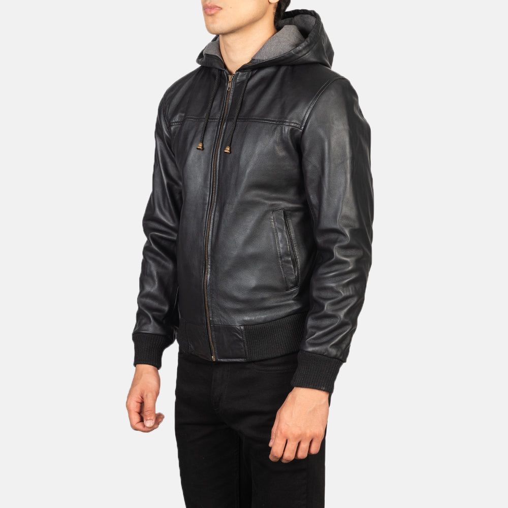 "Lucas Black Hooded Leather Bomber Jacket – Semi-Aniline Finish & Fleece Comfort"