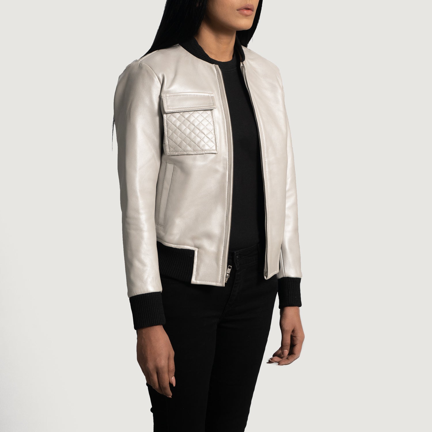 Ava Silver Leather Bomber Jacket