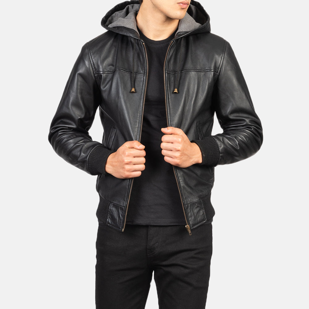 "Lucas Black Hooded Leather Bomber Jacket – Semi-Aniline Finish & Fleece Comfort"