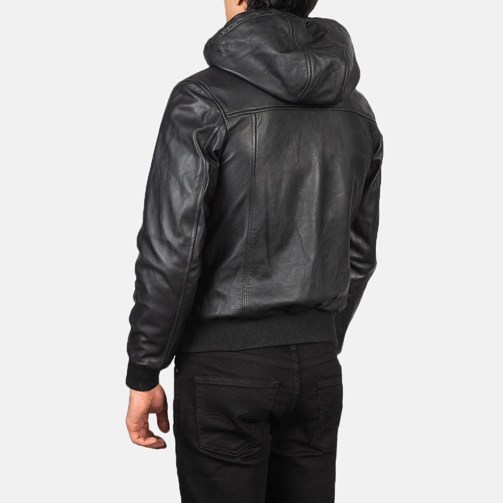 "Lucas Black Hooded Leather Bomber Jacket – Semi-Aniline Finish & Fleece Comfort"