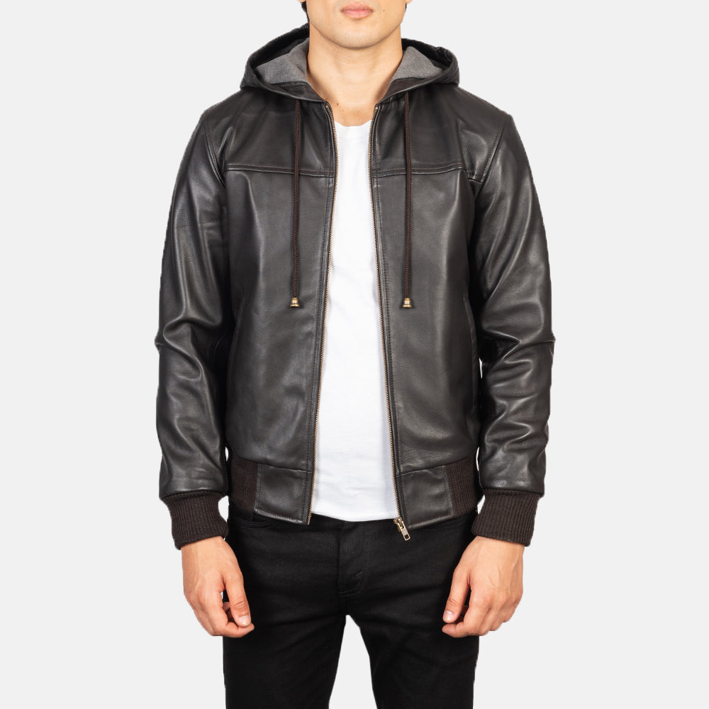 "Lucas Black Hooded Leather Bomber Jacket – Semi-Aniline Finish & Fleece Comfort"