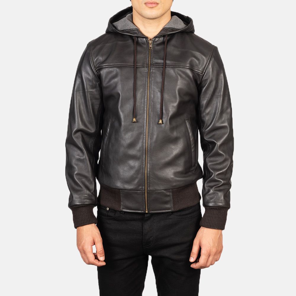 "Lucas Black Hooded Leather Bomber Jacket – Semi-Aniline Finish & Fleece Comfort"