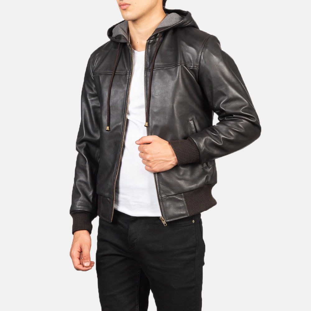 "Lucas Black Hooded Leather Bomber Jacket – Semi-Aniline Finish & Fleece Comfort"