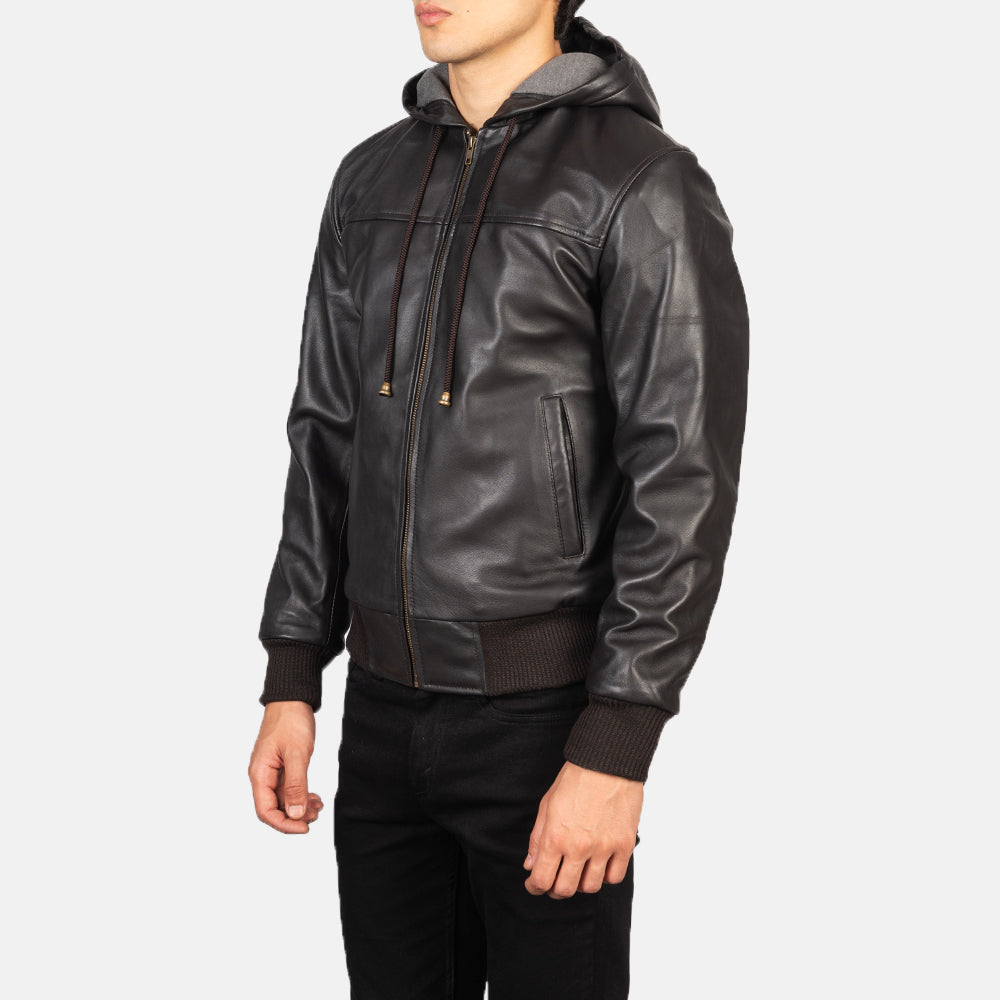 "Lucas Black Hooded Leather Bomber Jacket – Semi-Aniline Finish & Fleece Comfort"