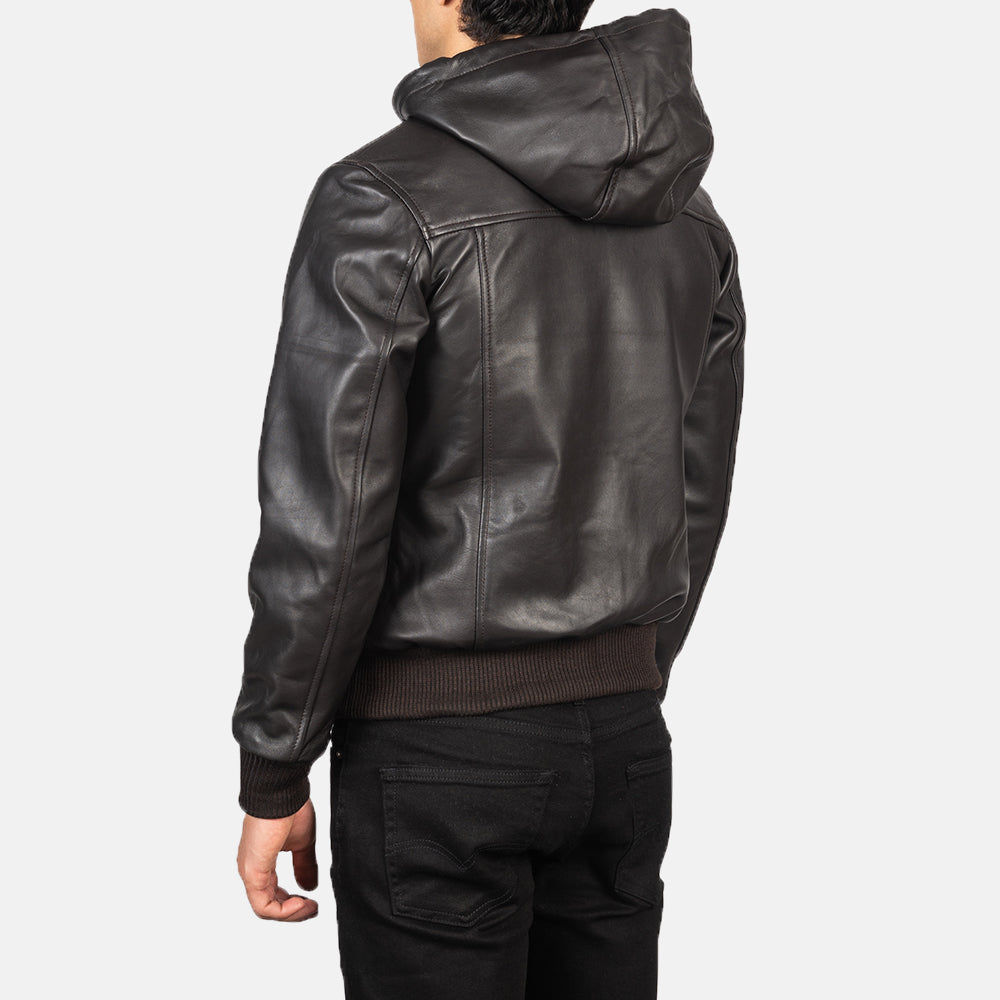 "Lucas Black Hooded Leather Bomber Jacket – Semi-Aniline Finish & Fleece Comfort"