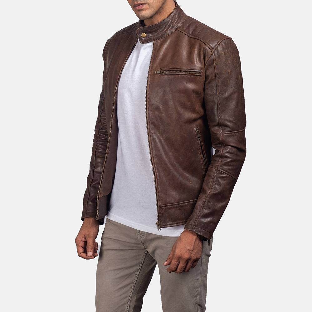 "James Black Leather Biker Jacket – Pull-Up Cowhide with Snap Button Band Collar"