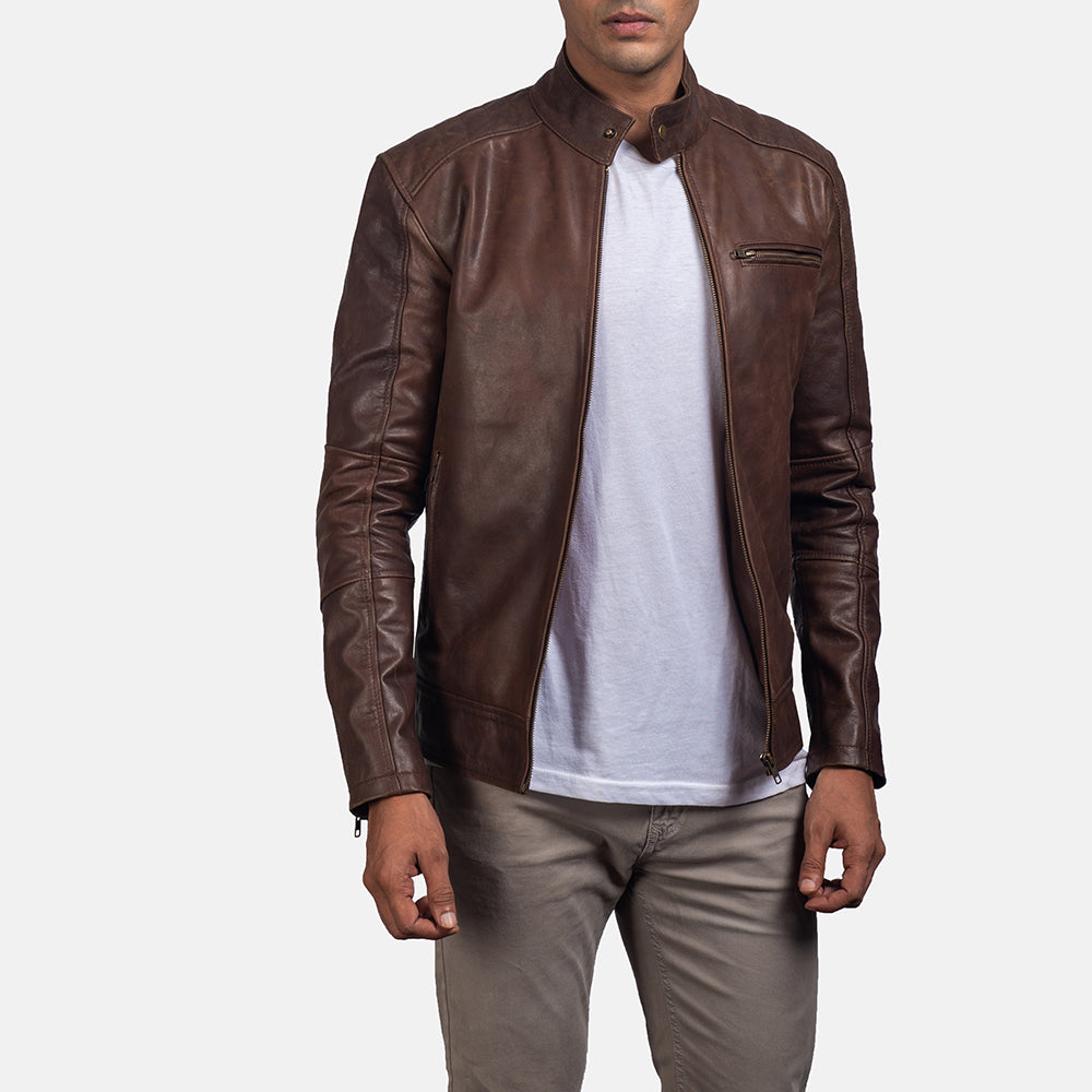 "James Black Leather Biker Jacket – Pull-Up Cowhide with Snap Button Band Collar"