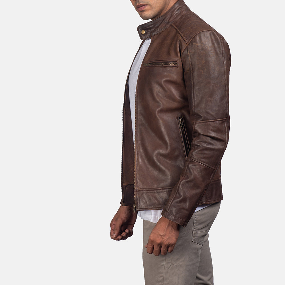 "James Black Leather Biker Jacket – Pull-Up Cowhide with Snap Button Band Collar"