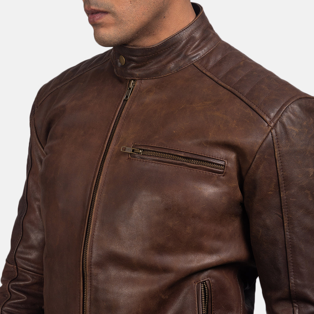 "James Black Leather Biker Jacket – Pull-Up Cowhide with Snap Button Band Collar"