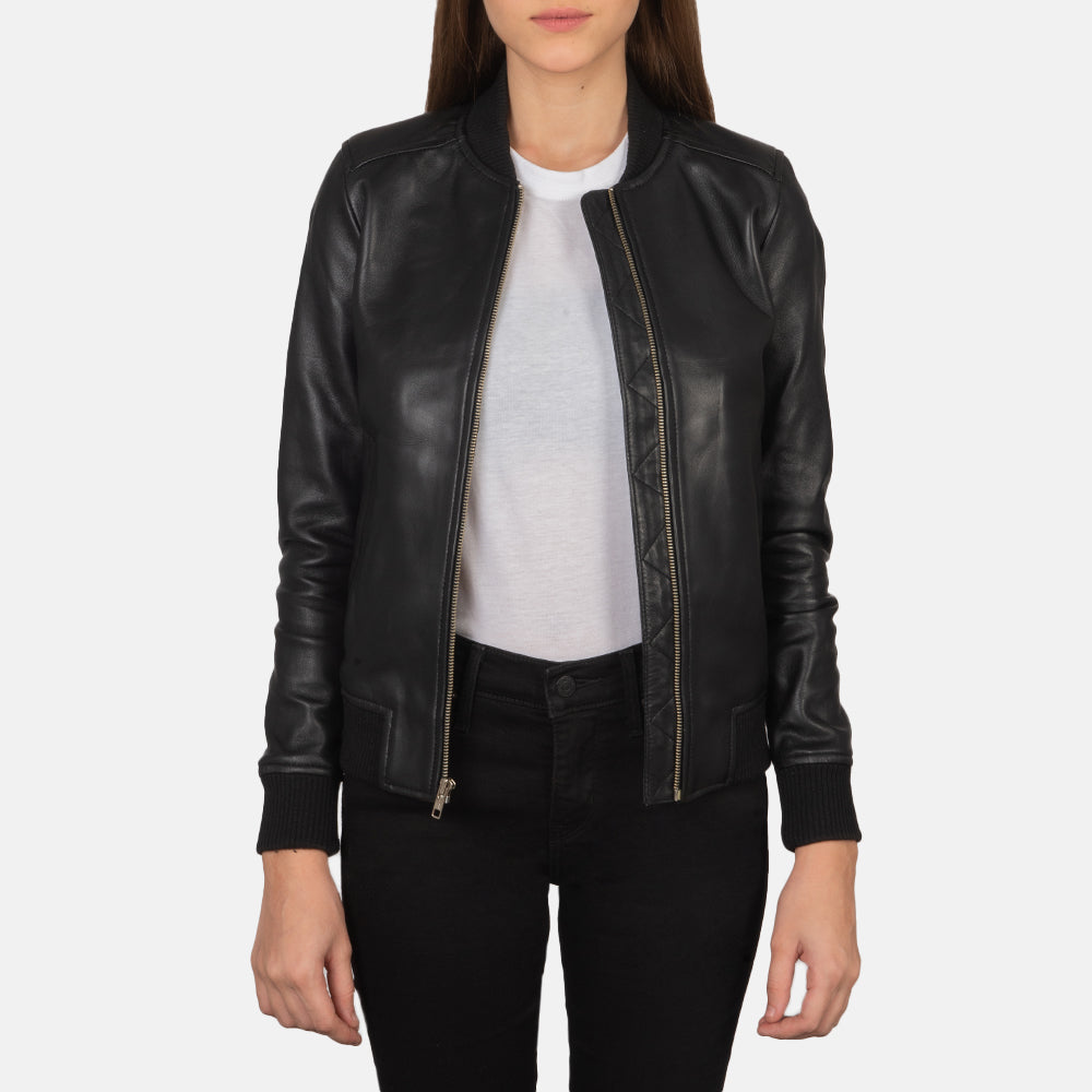 Isabella Black Leather Bomber Jacket