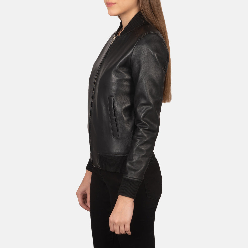 Isabella Black Leather Bomber Jacket