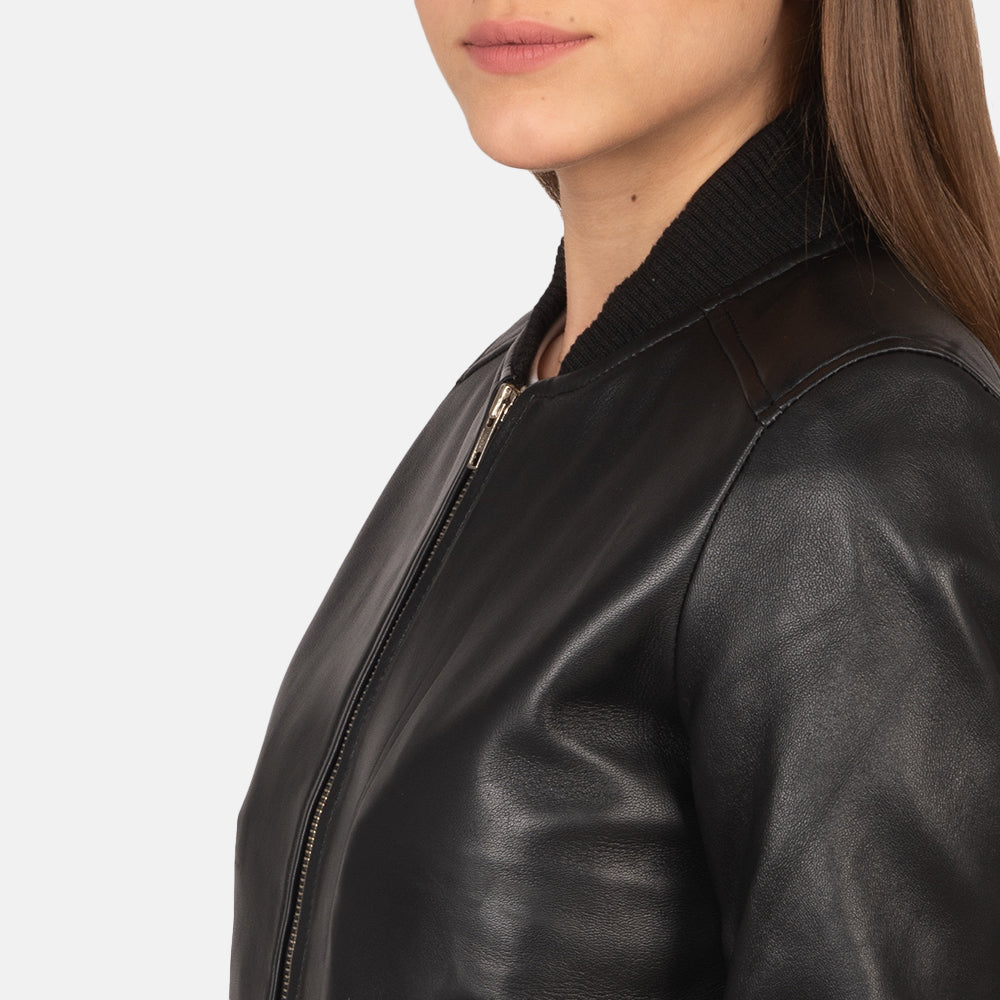 Isabella Black Leather Bomber Jacket