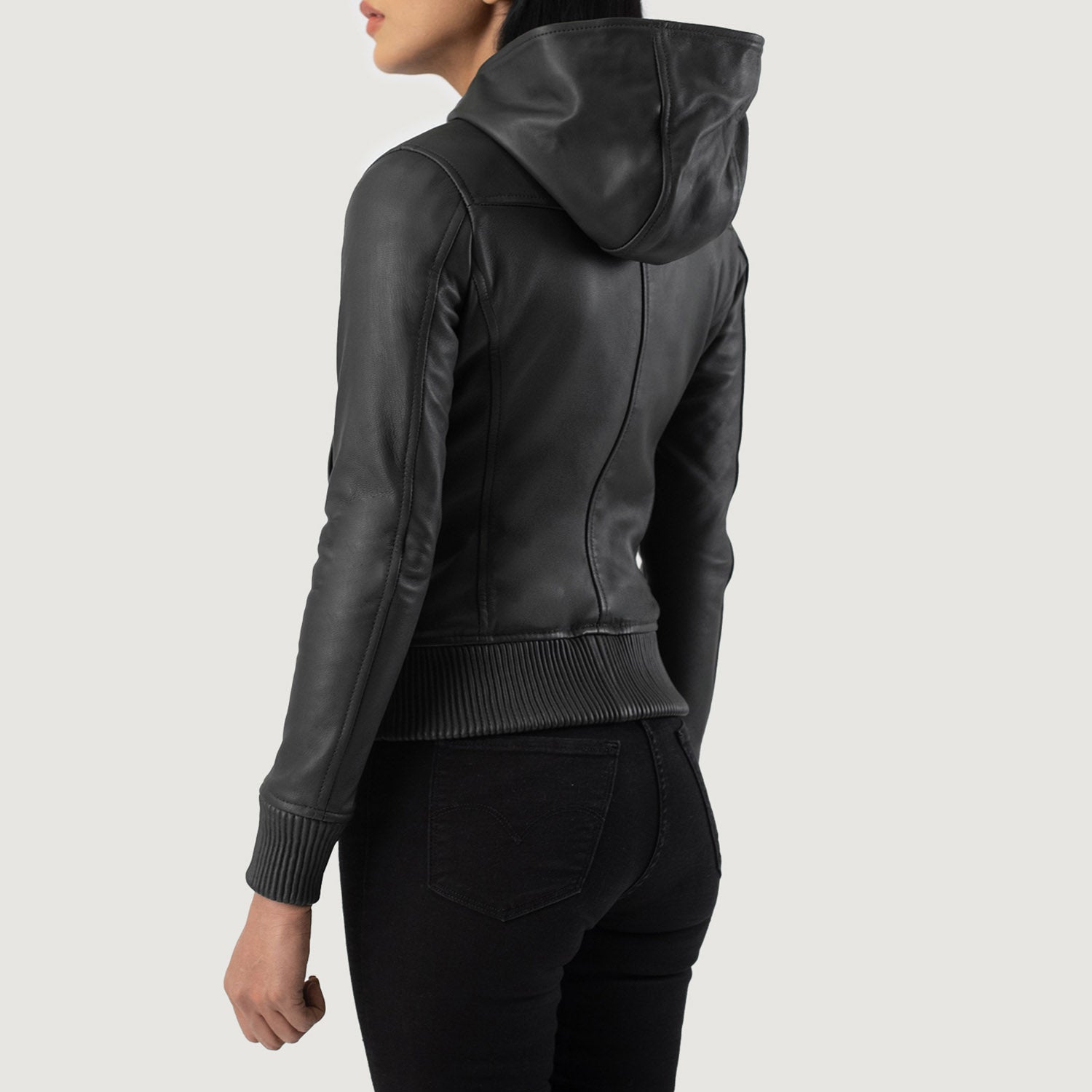 Evelyn Hooded Black Leather Bomber Jacket