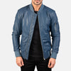 "Daniel Blue Leather Bomber Jacket – Semi-Aniline Sheepskin with Rib-Knit Details"