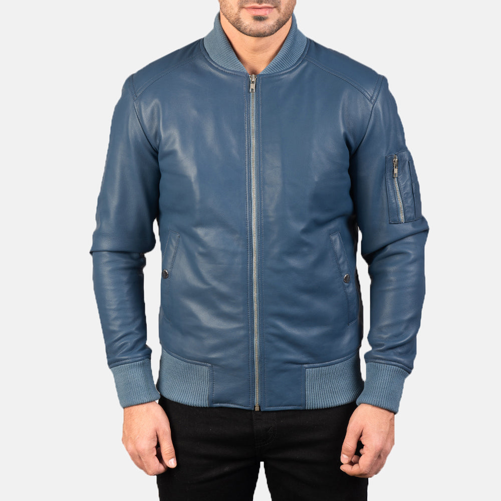 "Daniel Blue Leather Bomber Jacket – Semi-Aniline Sheepskin with Rib-Knit Details"