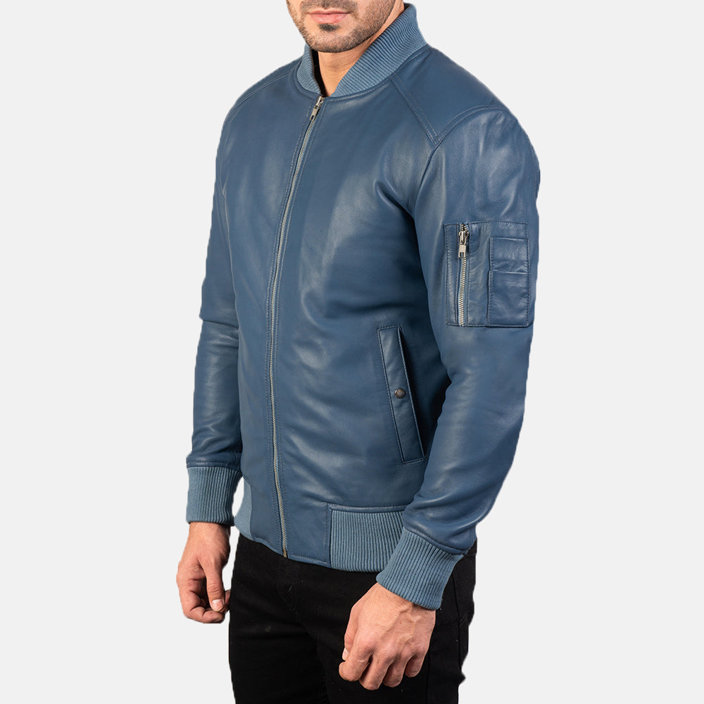 "Daniel Blue Leather Bomber Jacket – Semi-Aniline Sheepskin with Rib-Knit Details"